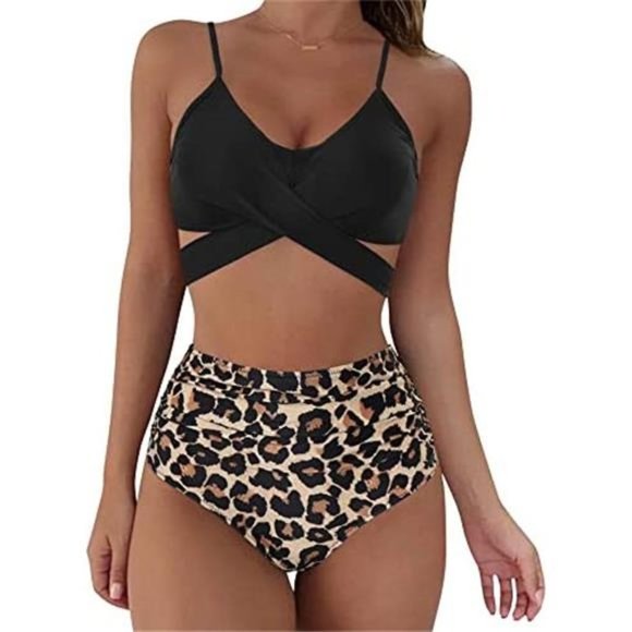 WOMEN Wrap Bikini Set Push Up High Waisted, Black/Leopard